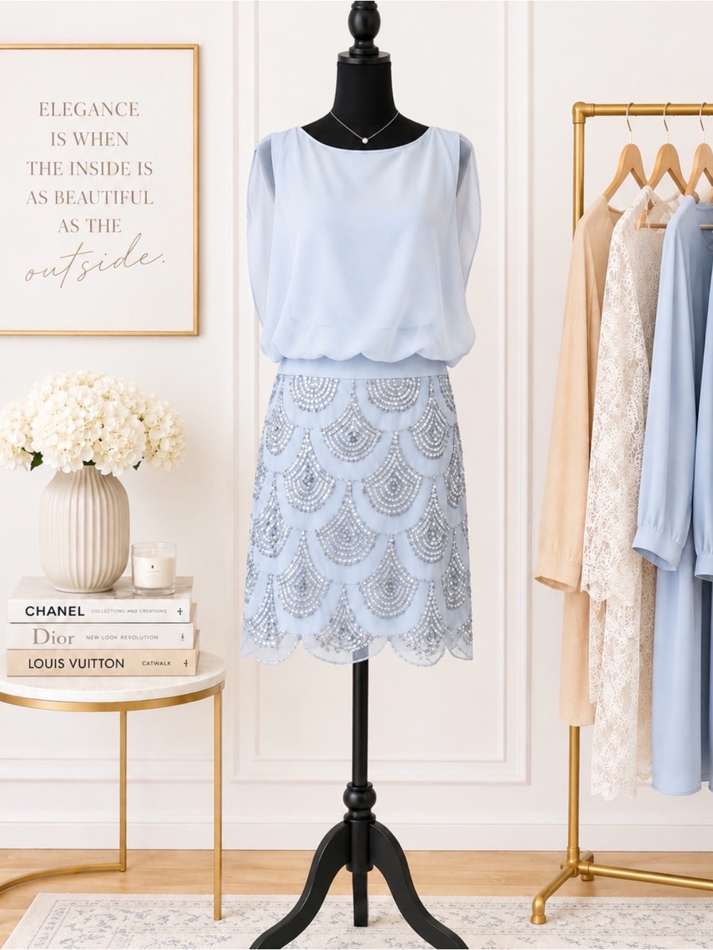 Betsy Adam Baby Blue Chiffon Sequin Scallop Cocktail Dress size 14